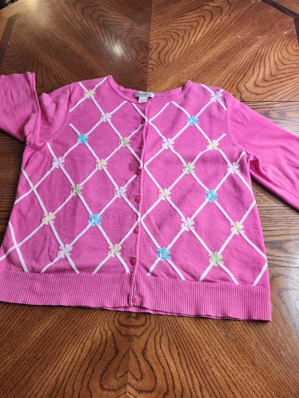 Vintage 90's CJ Banks Argyle Embellished Pink & White Sweater Size 1X